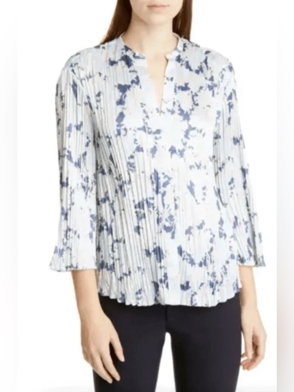 Vince Lotus Pleated Floral Crinkle Blue and Pink Blouse